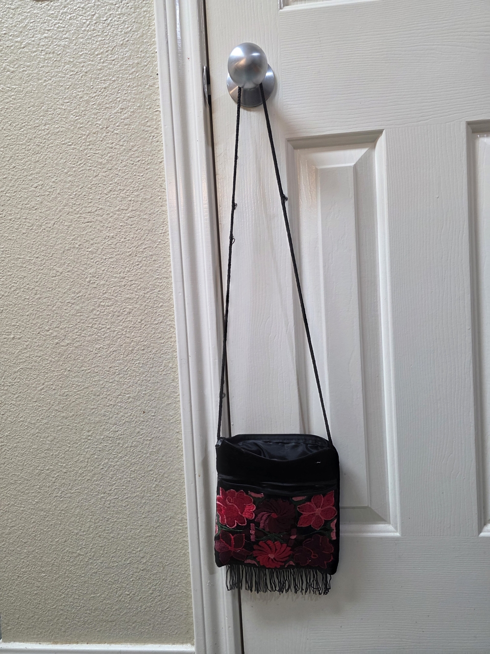Black Crossbody Bag with Pink Floral Embroidery